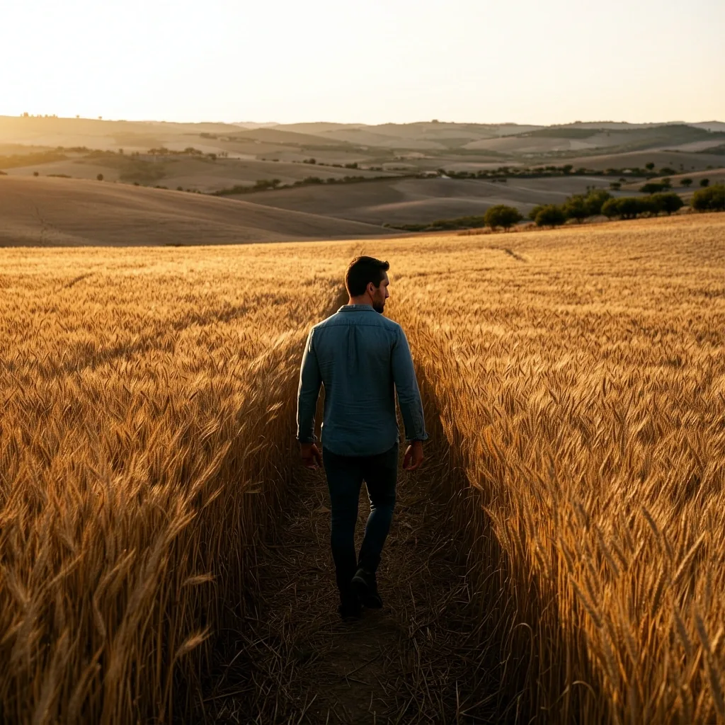 Hombre caminando por el campo al amanecer